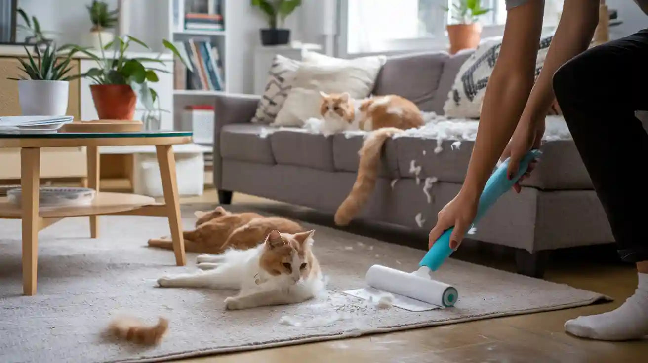 Person using a roller brush on a carpet with cats watching in a living room.